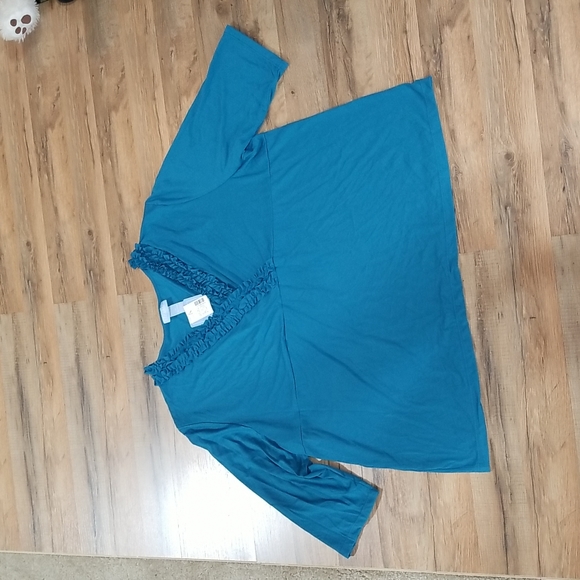 LIZ & ME Turquoise Blue V-Neck 3/4 Sleeve Ruffle Detail Top Shirt - Picture 2 of 11